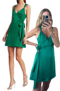 NWT Ramy Brook Emerald Jade Green Satin Charmeuse Mini Knot Detail Wrap Dress