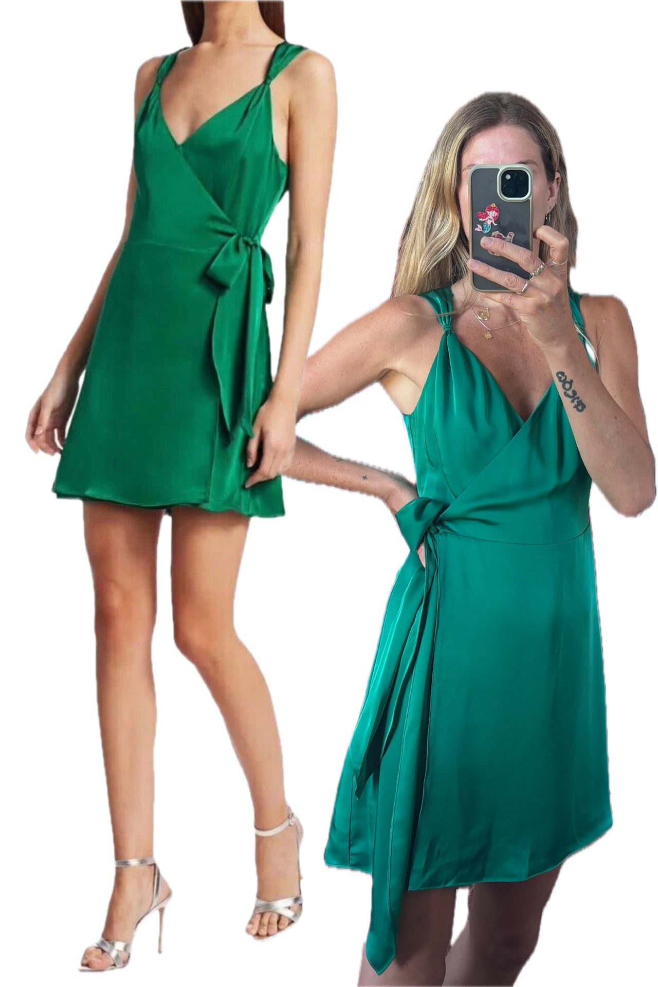 NWT Ramy Brook Emerald Jade Green Satin Charmeuse Mini Knot Detail Wrap Dress