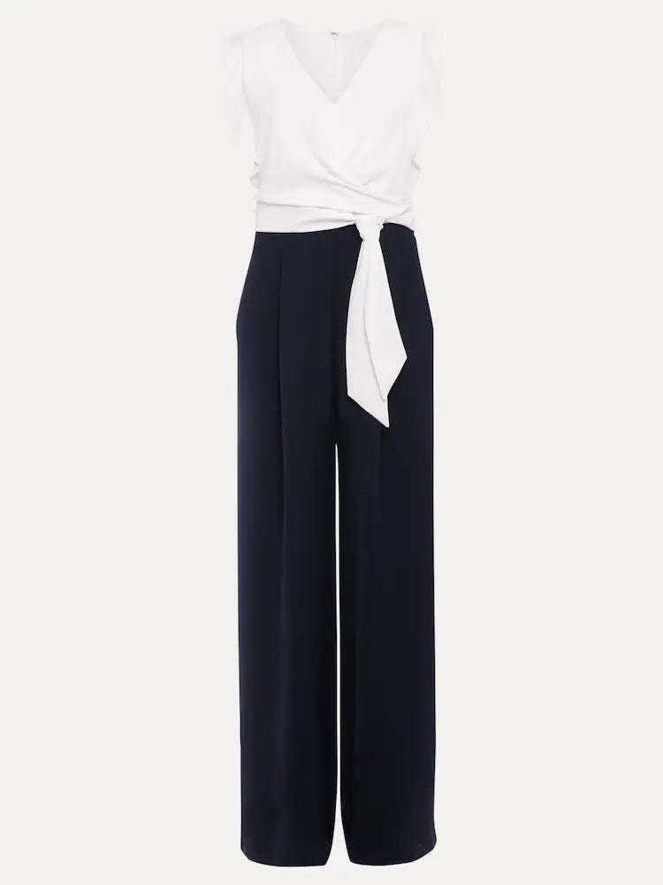 Phase Eight Ayla White Ruffle Two Tone Navy Blue Belted Pocket Wide Leg Tailored Jumpsuit