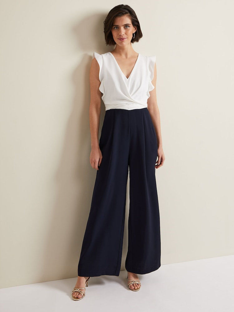 Phase Eight Ayla White Ruffle Two Tone Navy Blue Belted Pocket Wide Leg Tailored Jumpsuit