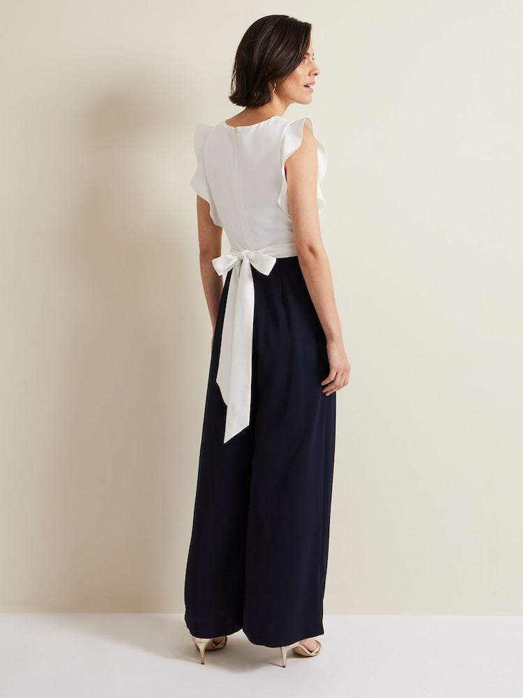 Phase Eight Ayla White Ruffle Two Tone Navy Blue Belted Pocket Wide Leg Tailored Jumpsuit