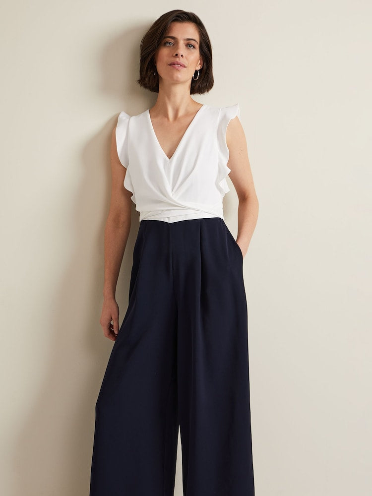 Phase Eight Ayla White Ruffle Two Tone Navy Blue Belted Pocket Wide Leg Tailored Jumpsuit