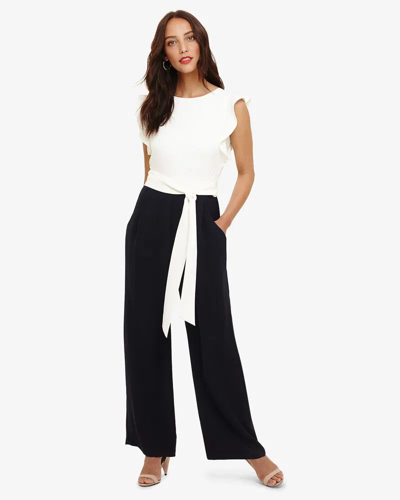 Phase Eight Ayla White Ruffle Two Tone Navy Blue Belted Pocket Wide Leg Tailored Jumpsuit