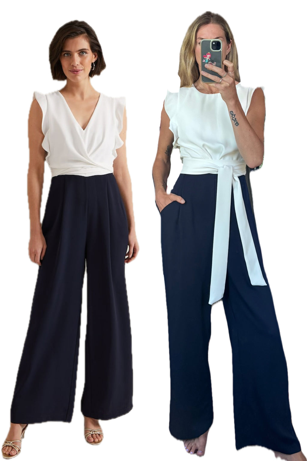 Phase Eight Ayla White Ruffle Two Tone Navy Blue Belted Pocket Wide Leg Tailored Jumpsuit
