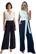 Phase Eight Ayla White Ruffle Two Tone Navy Blue Belted Pocket Wide Leg Tailored Jumpsuit