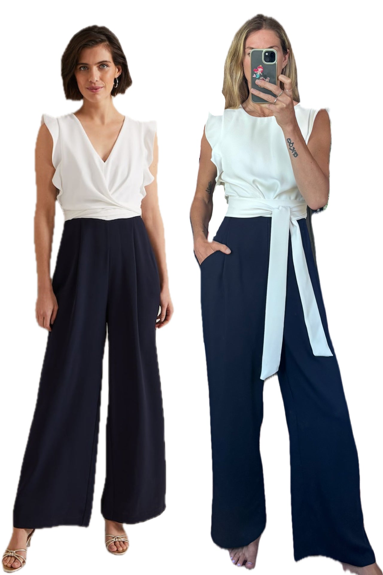 Phase Eight Ayla White Ruffle Two Tone Navy Blue Belted Pocket Wide Leg Tailored Jumpsuit