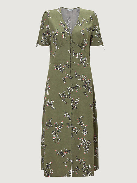Jigsaw Sophelia Olive Grey Green Floral Print Button Down Short Sleeve Midi Maxi Tea Dress