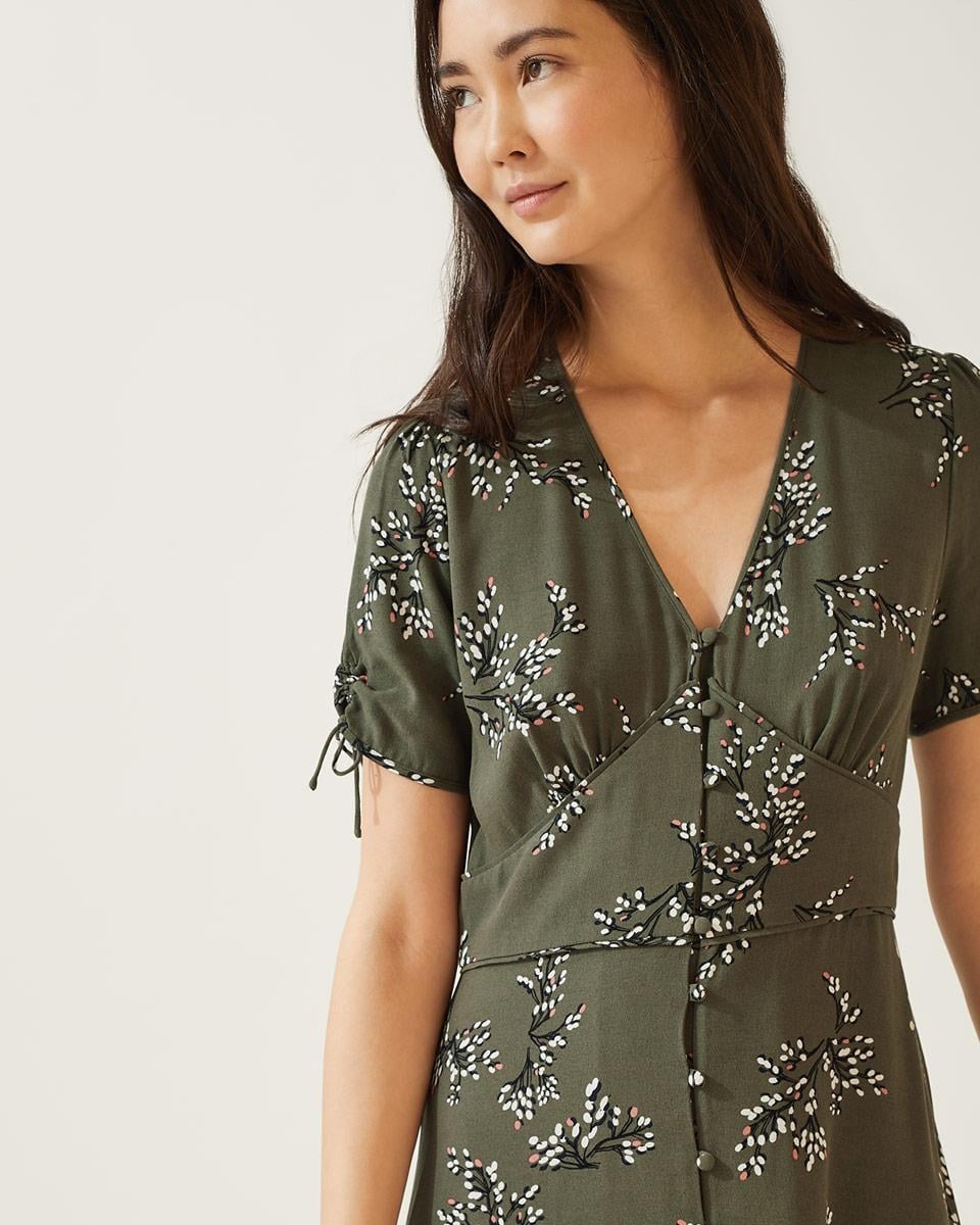 Jigsaw Sophelia Olive Grey Green Floral Print Button Down Short Sleeve Midi Maxi Tea Dress