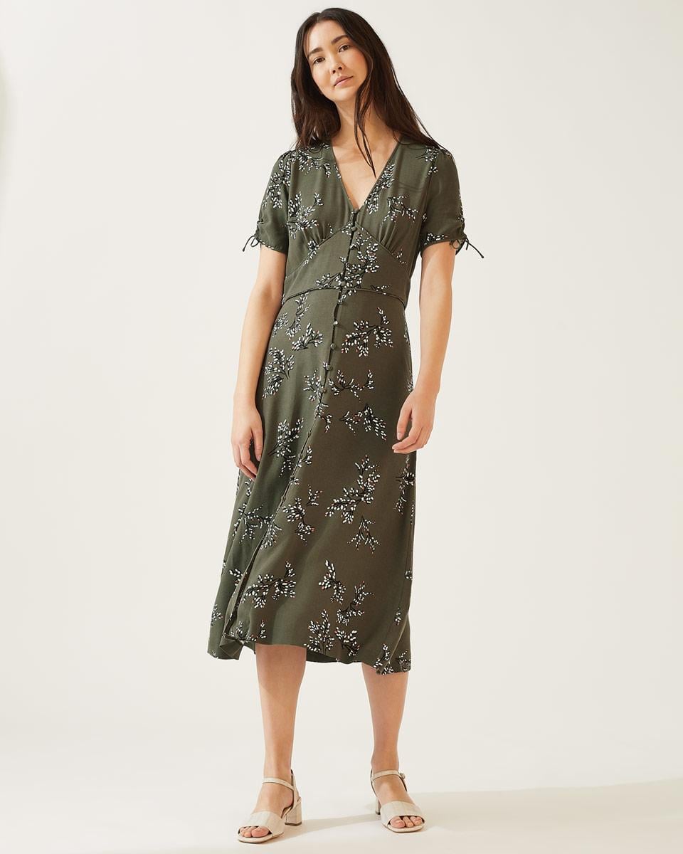 Jigsaw Sophelia Olive Grey Green Floral Print Button Down Short Sleeve Midi Maxi Tea Dress