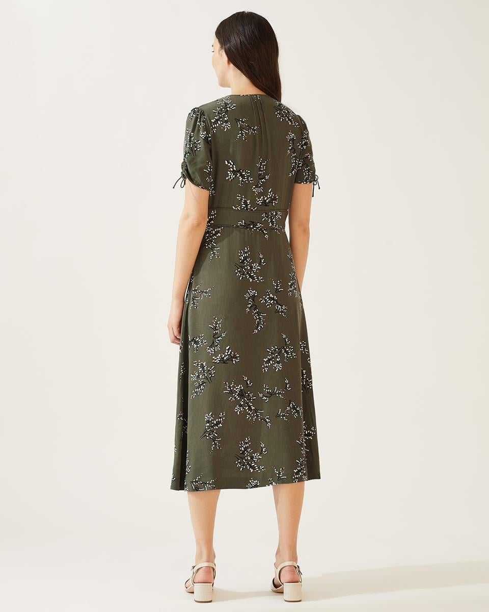 Jigsaw Sophelia Olive Grey Green Floral Print Button Down Short Sleeve Midi Maxi Tea Dress