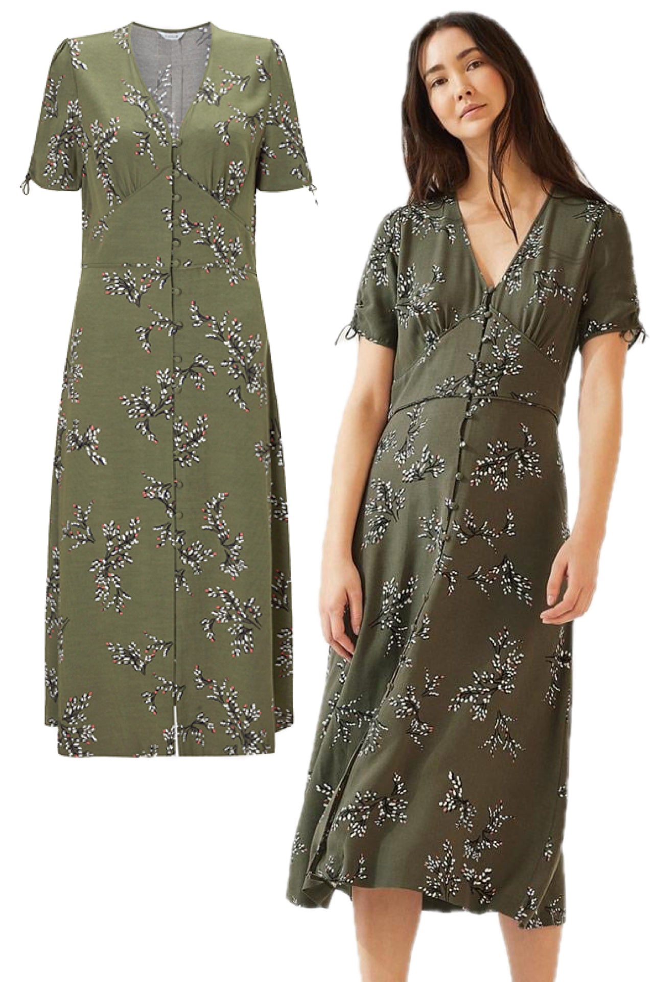 Jigsaw Sophelia Olive Grey Green Floral Print Button Down Short Sleeve Midi Maxi Tea Dress
