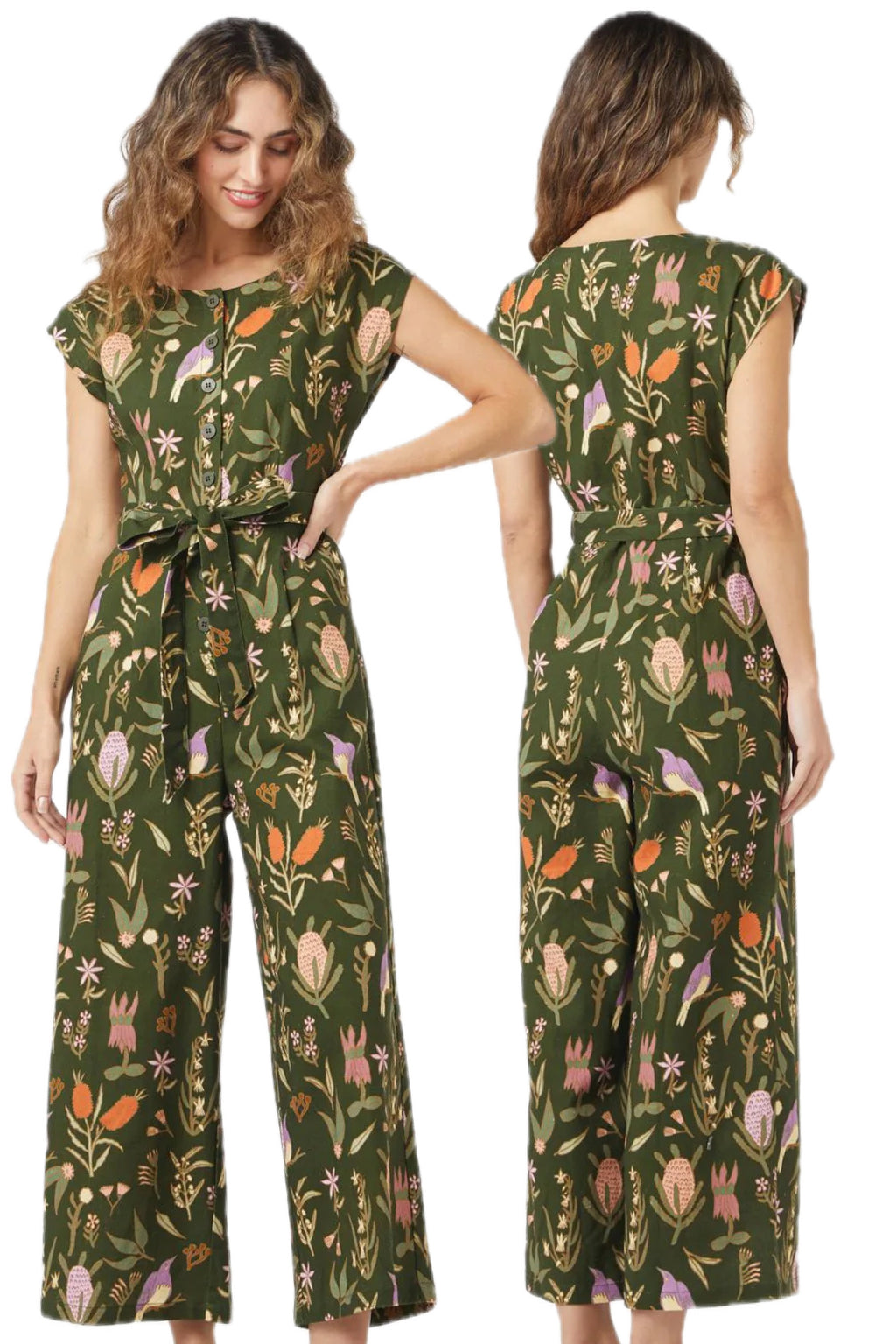 Princess Highway Linen Blend Green Floral Bird Botanical Print Sleeveless Button Down Belted Wide Leg Jumpsuit