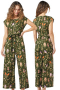 Princess Highway Linen Blend Green Floral Bird Botanical Print Sleeveless Button Down Belted Wide Leg Jumpsuit