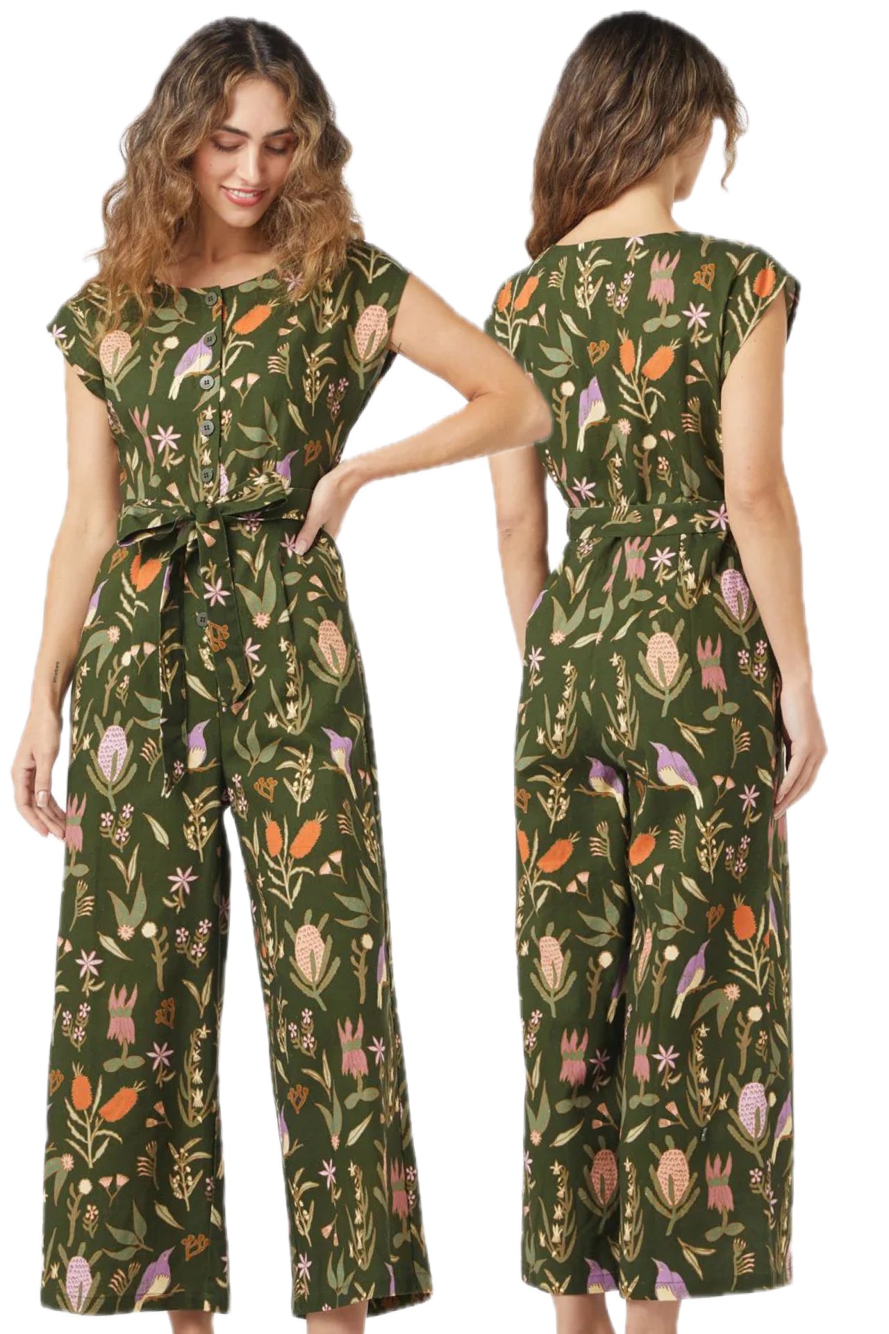 Princess Highway Linen Blend Green Floral Bird Botanical Print Sleeveless Button Down Belted Wide Leg Jumpsuit
