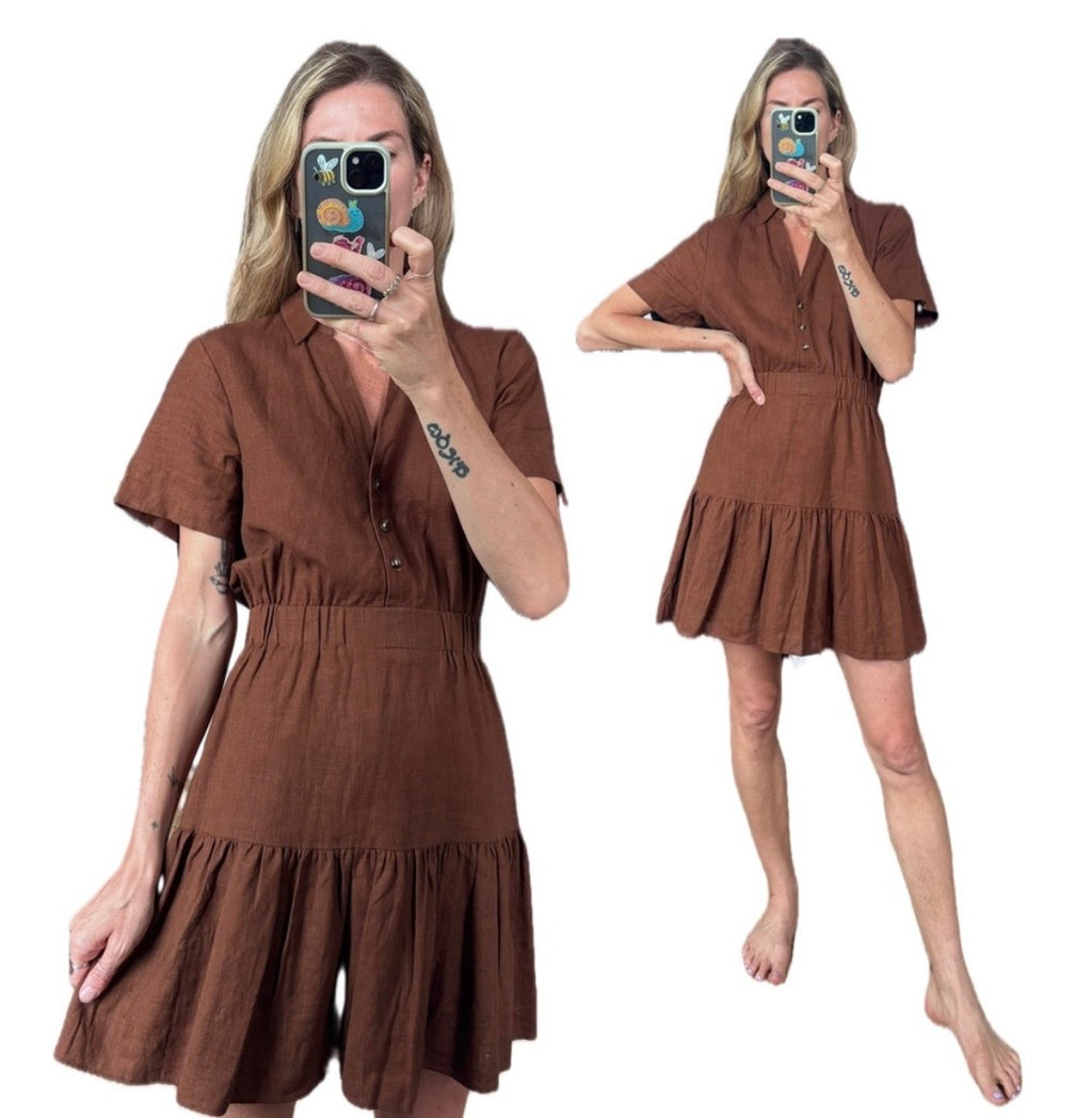 RW & CO Chocolate Linen Blend Tiered Brown Short Sleeve Ruffle Button Down Mini Dress