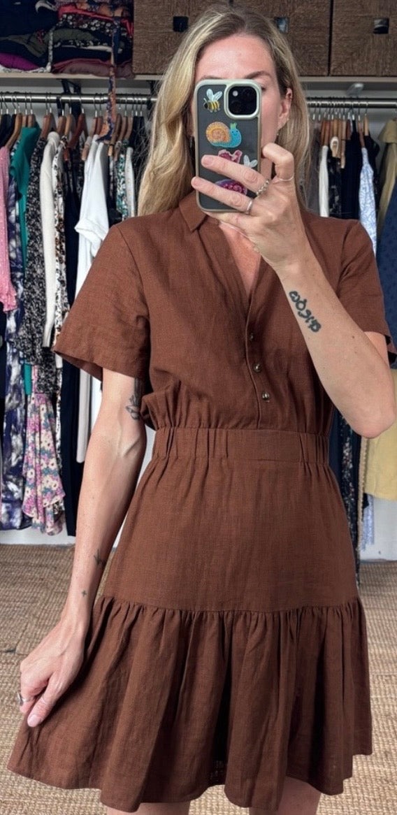 RW & CO Chocolate Linen Blend Tiered Brown Short Sleeve Ruffle Button Down Mini Dress