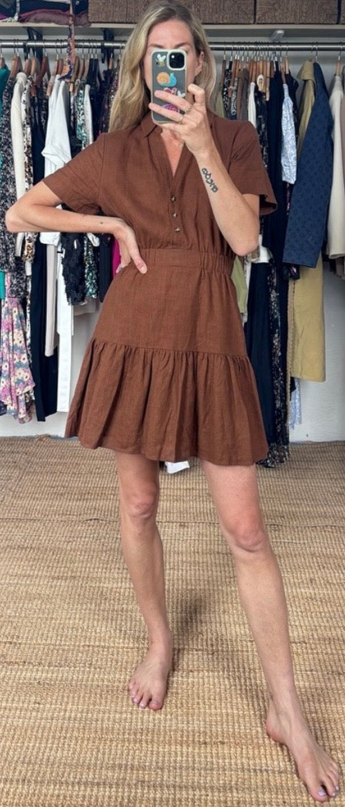 RW & CO Chocolate Linen Blend Tiered Brown Short Sleeve Ruffle Button Down Mini Dress