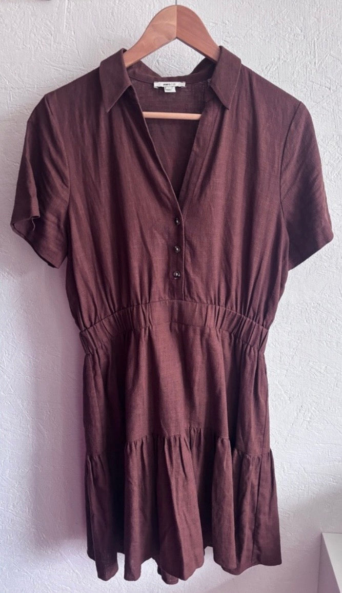 RW & CO Chocolate Linen Blend Tiered Brown Short Sleeve Ruffle Button Down Mini Dress