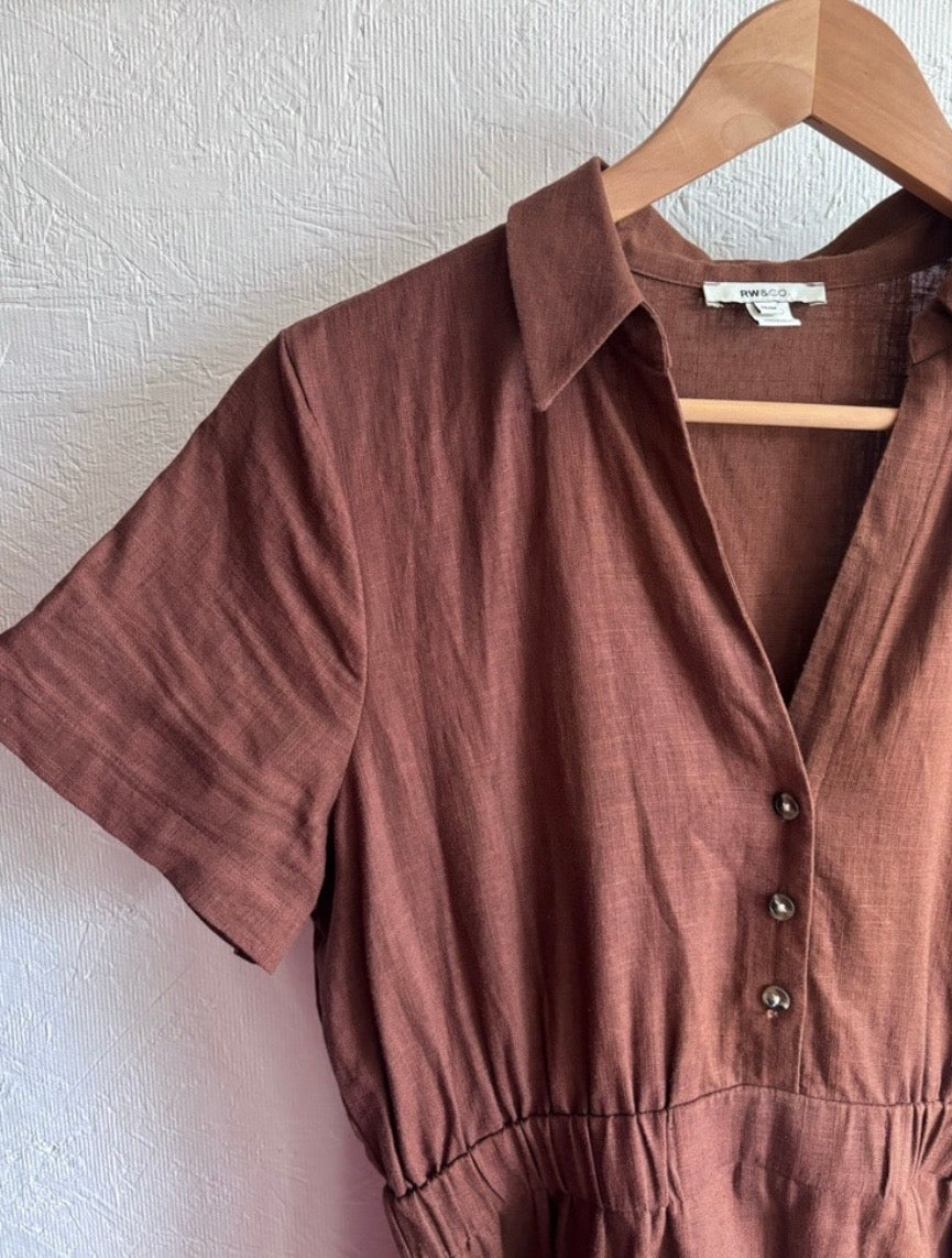 RW & CO Chocolate Linen Blend Tiered Brown Short Sleeve Ruffle Button Down Mini Dress