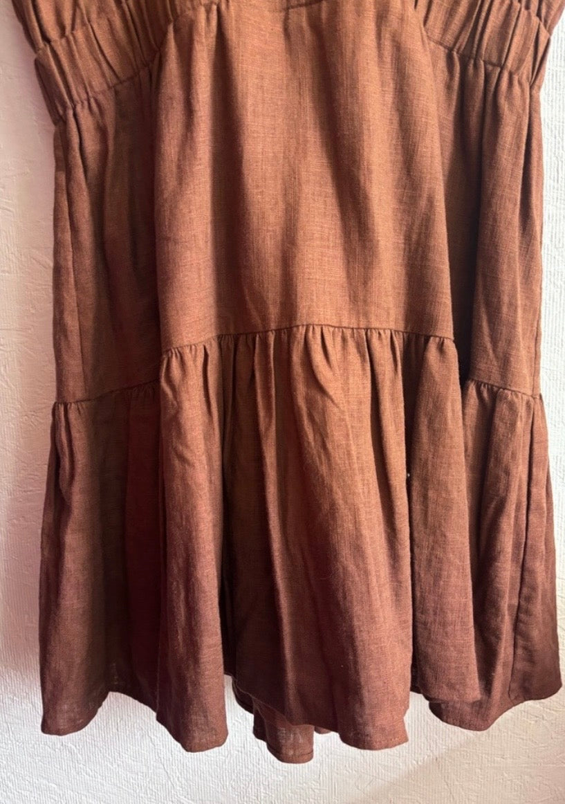 RW & CO Chocolate Linen Blend Tiered Brown Short Sleeve Ruffle Button Down Mini Dress