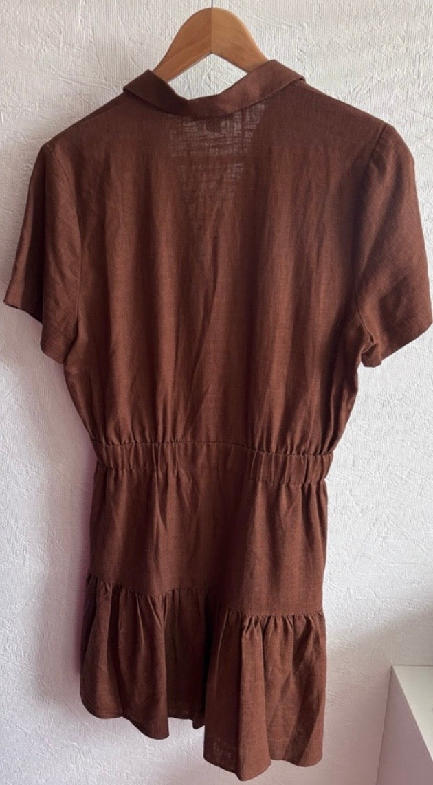 RW & CO Chocolate Linen Blend Tiered Brown Short Sleeve Ruffle Button Down Mini Dress