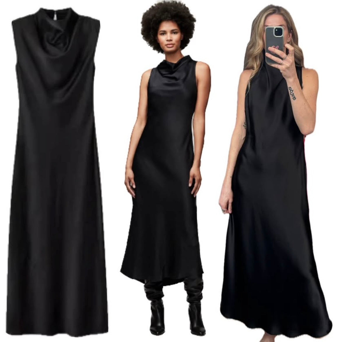 NWT Zara Black Drape Cowl Mock Neck Sleeveless Satin Maxi Mid Dress