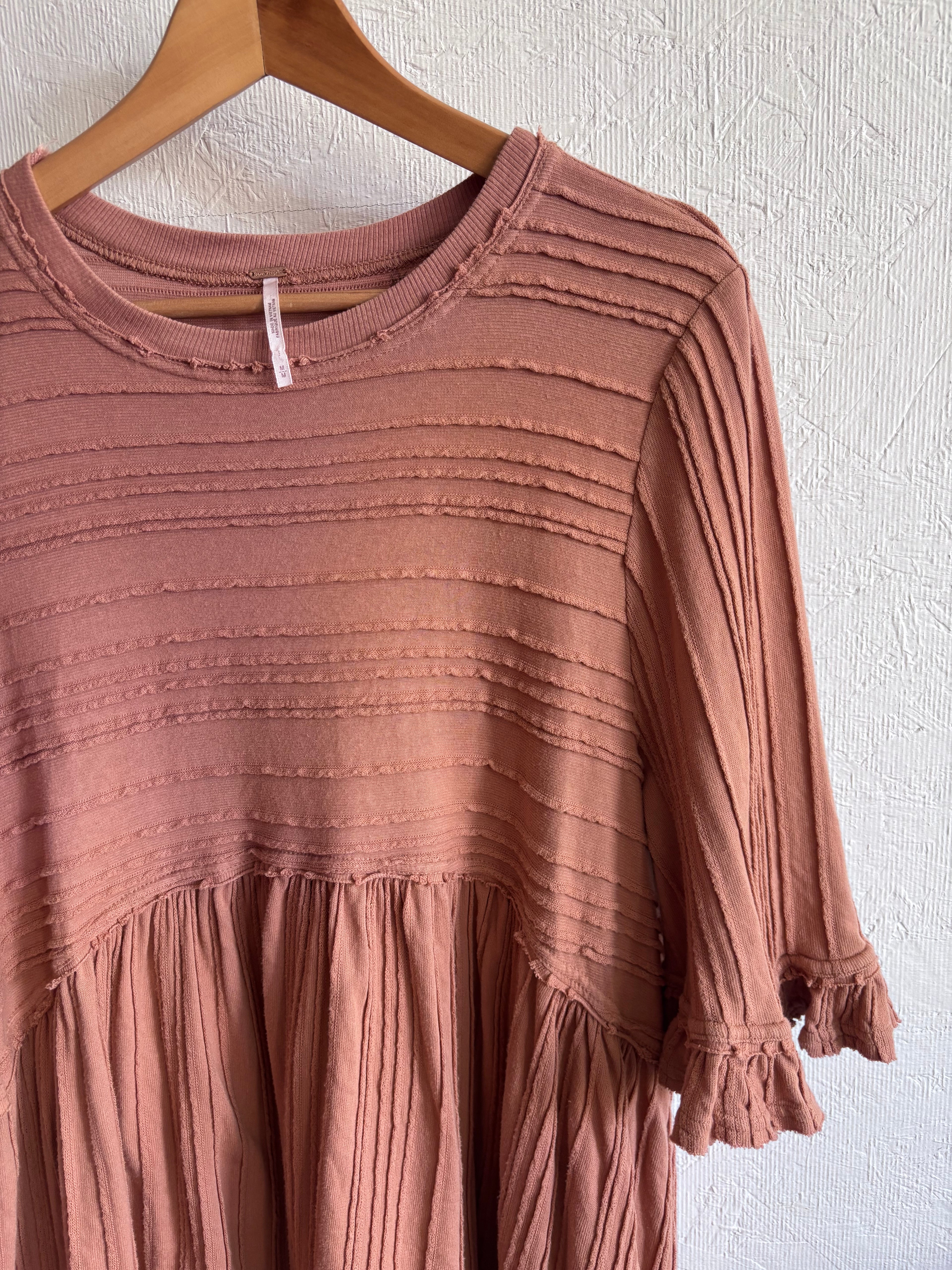 Free People Tan Terracotta Ribbed Cotton Blend Take A Spin Boho Oversized Tunic Dress