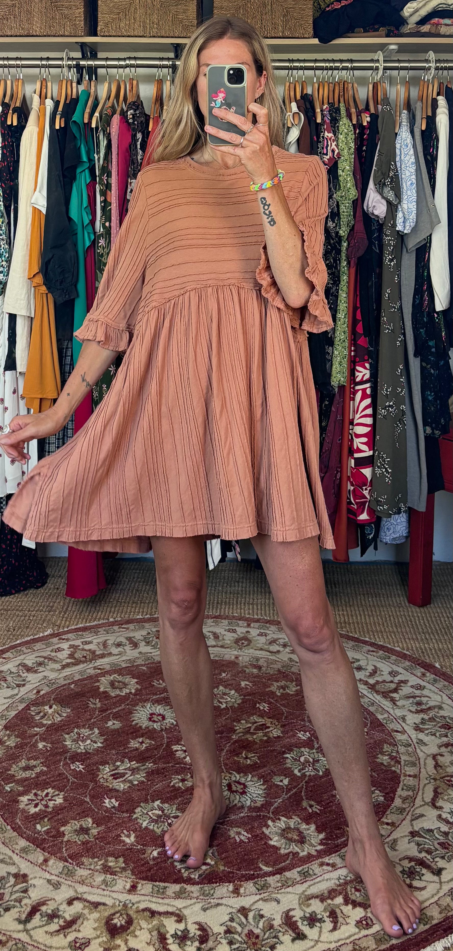 Free People Tan Terracotta Ribbed Cotton Blend Take A Spin Boho Oversized Tunic Dress