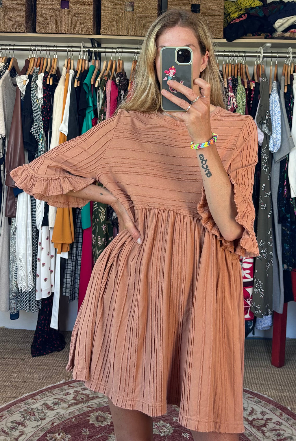 Free People Tan Terracotta Ribbed Cotton Blend Take A Spin Boho Oversized Tunic Dress