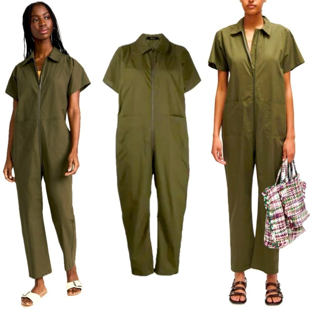 Rachel Comey Army Green Poplin Barrie Zip Up Boiler Suit Jumpsuit 100% Cotton Oversized Loose Fit