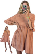 Free People Tan Terracotta Ribbed Cotton Blend Take A Spin Boho Oversized Tunic Dress