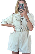 Brandless Cream Belted Button Down Oversized Utility Combat Shorts Playsuit