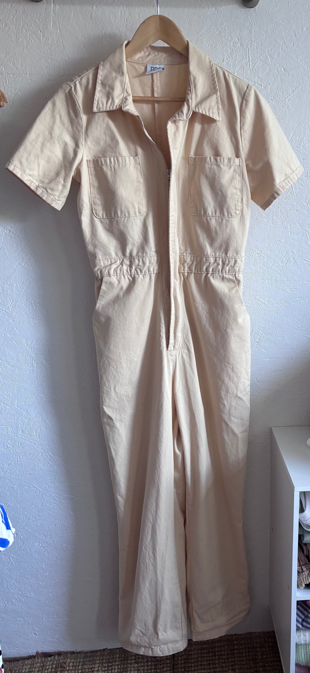 BDG 100% Cotton Cream Short Sleeve Utility Zip Up Workwear Jumpsuit