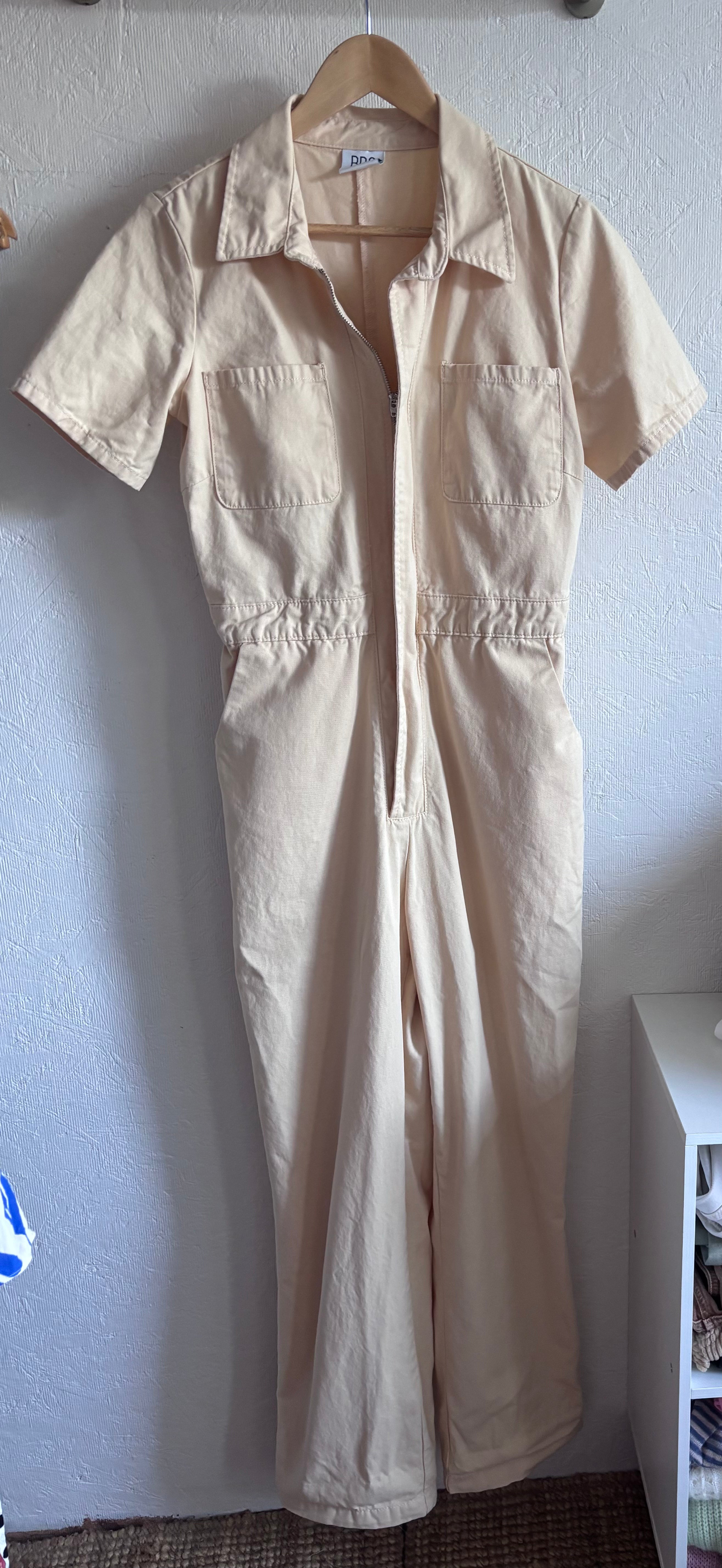 BDG 100% Cotton Cream Short Sleeve Utility Zip Up Workwear Jumpsuit