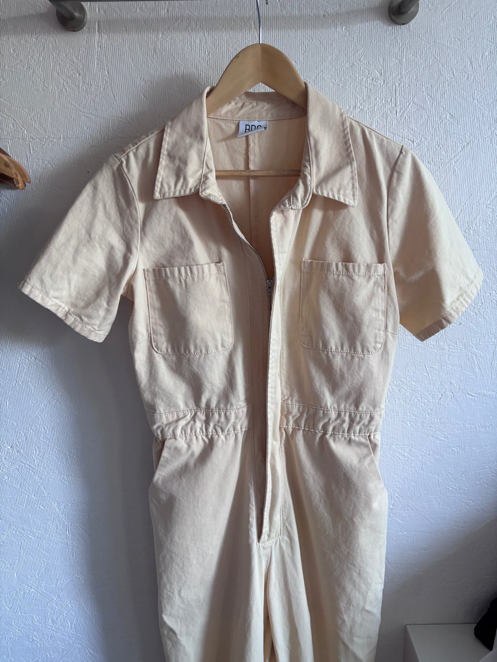 BDG 100% Cotton Cream Short Sleeve Utility Zip Up Workwear Jumpsuit