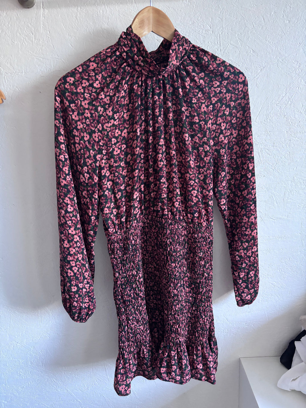 Zara Purple Pink Floral Shirred Mock Neck Long Sleeve Ruffle Mini Dress