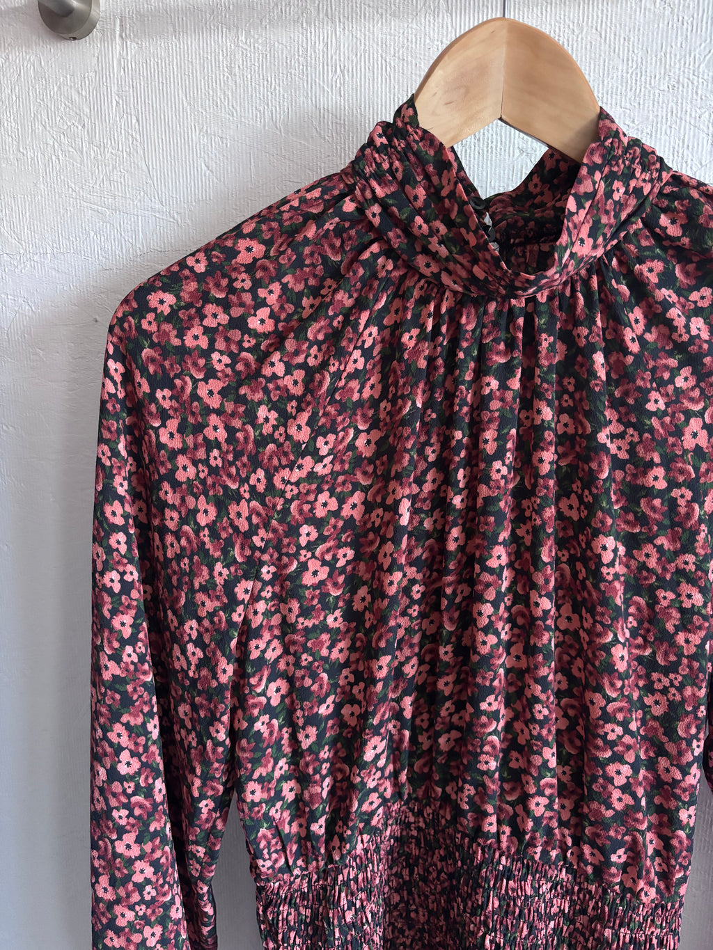 Zara Purple Pink Floral Shirred Mock Neck Long Sleeve Ruffle Mini Dress