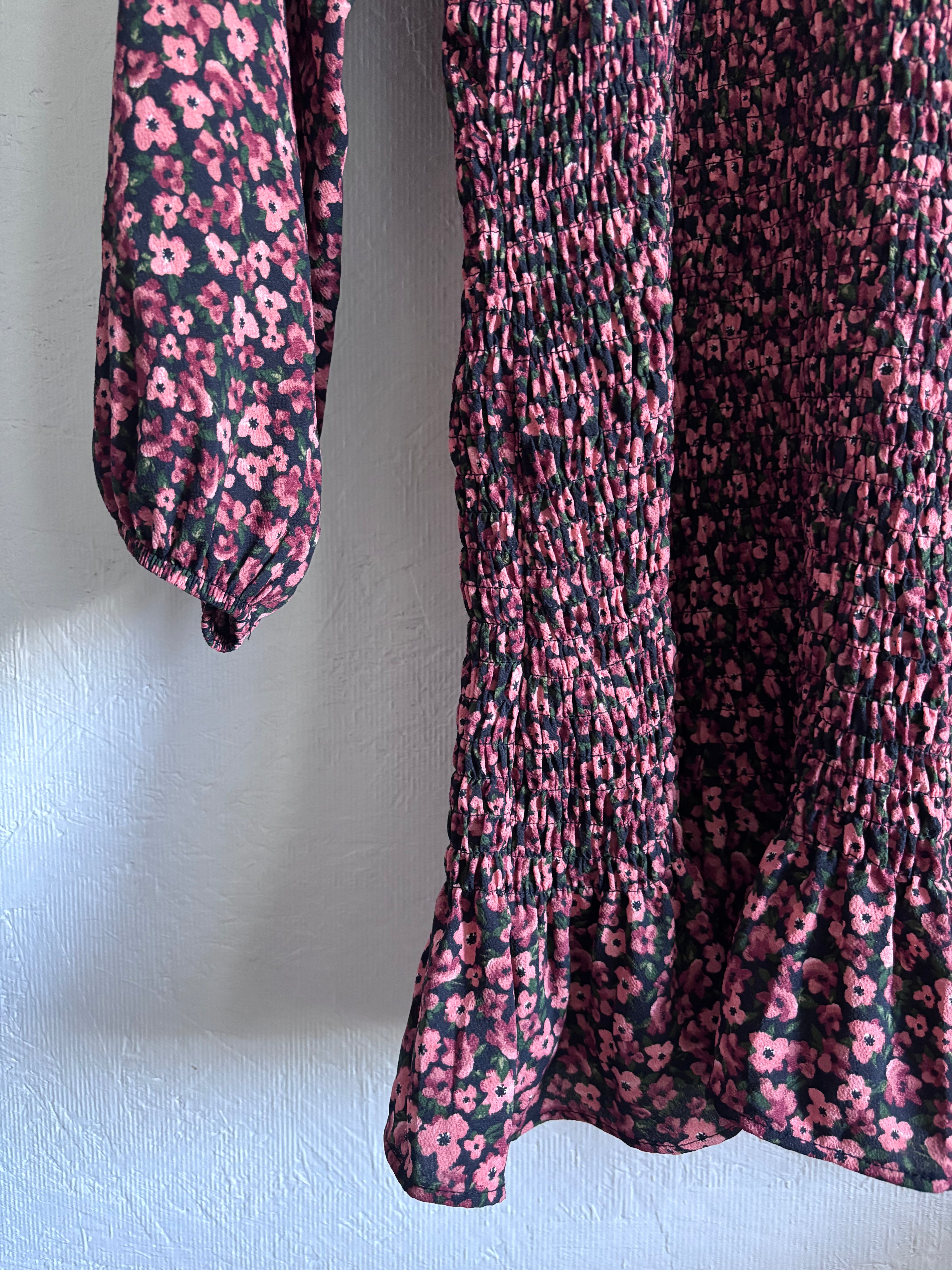 Zara Purple Pink Floral Shirred Mock Neck Long Sleeve Ruffle Mini Dress