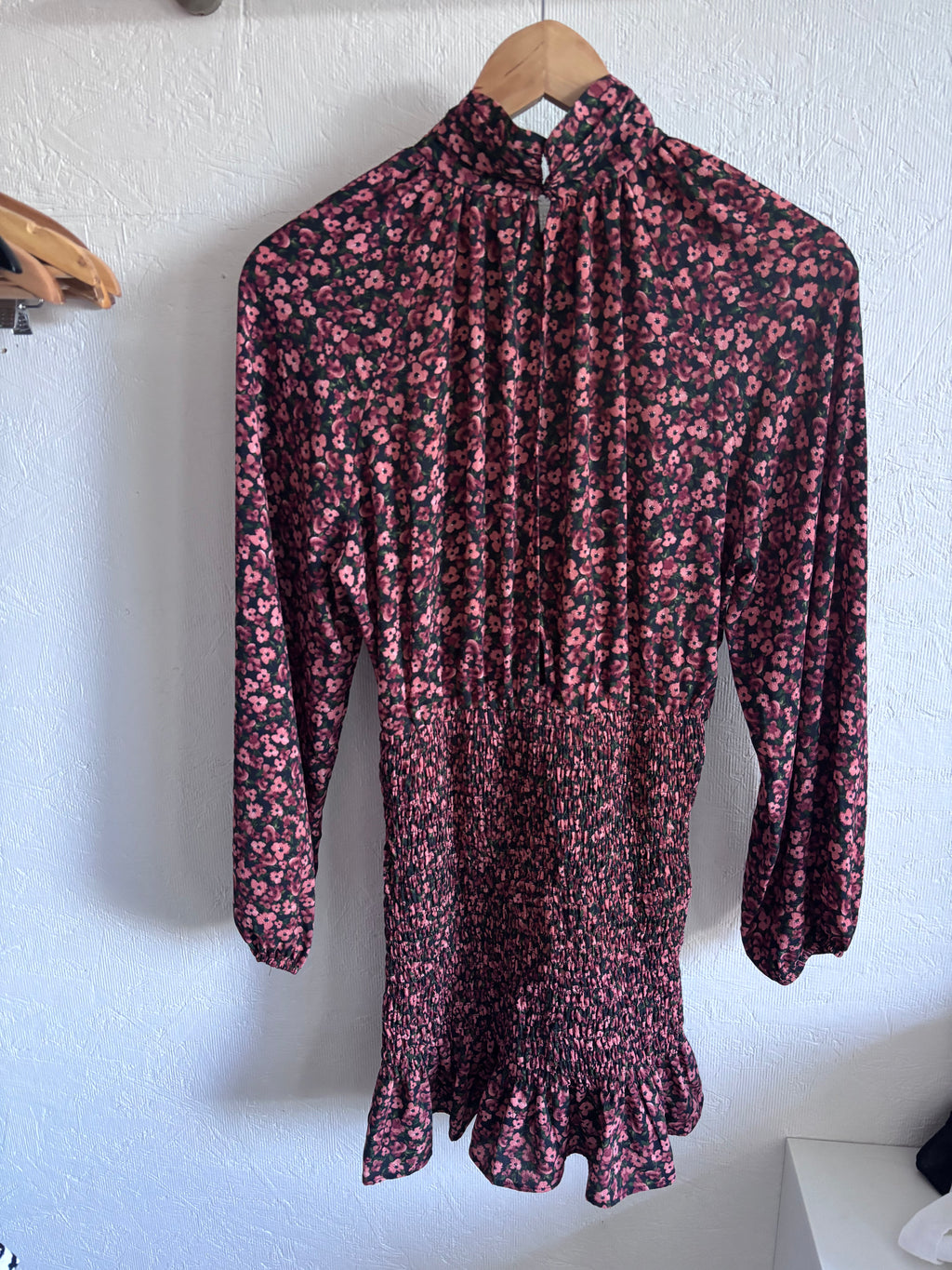 Zara Purple Pink Floral Shirred Mock Neck Long Sleeve Ruffle Mini Dress