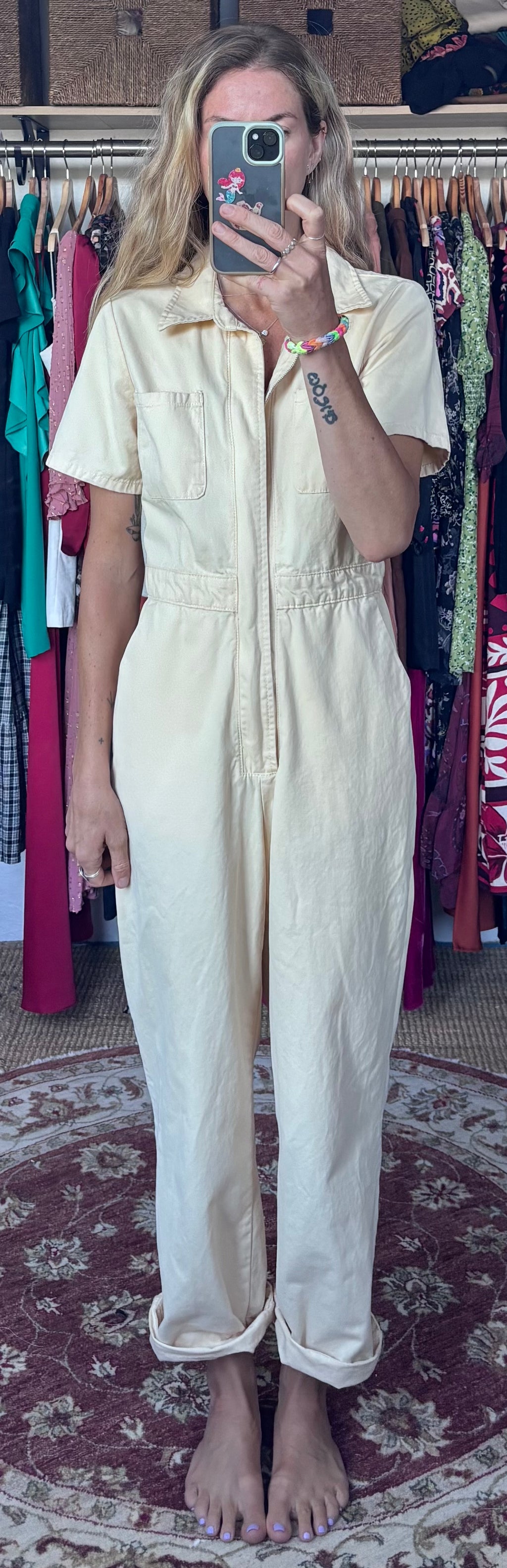BDG 100% Cotton Cream Short Sleeve Utility Zip Up Workwear Jumpsuit
