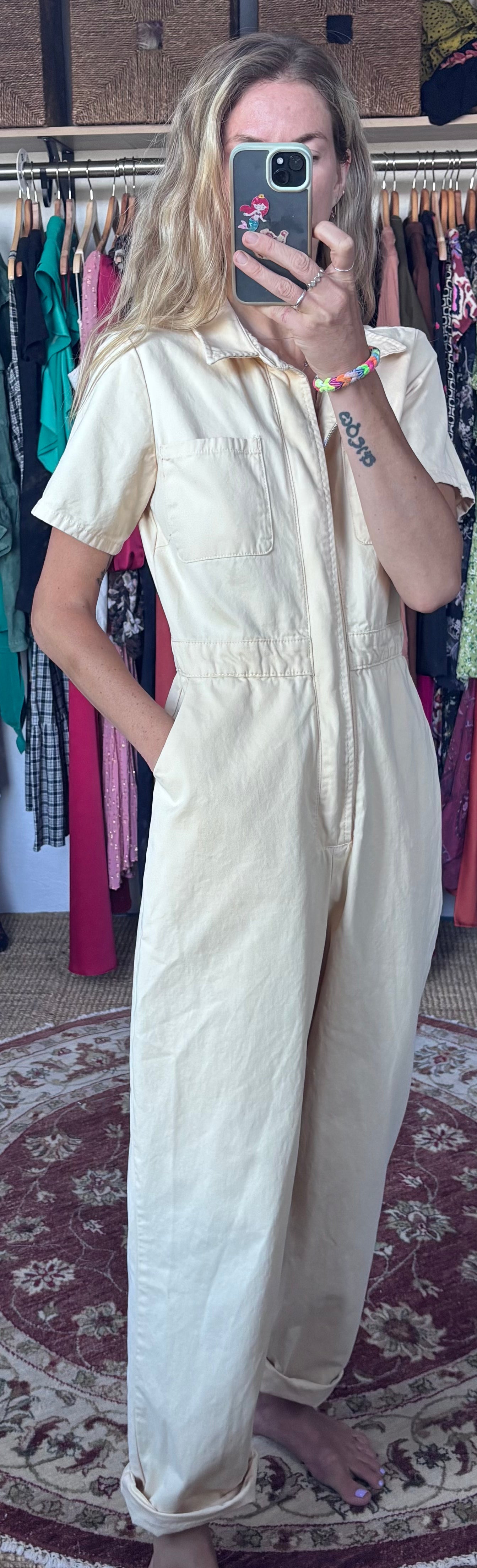 BDG 100% Cotton Cream Short Sleeve Utility Zip Up Workwear Jumpsuit