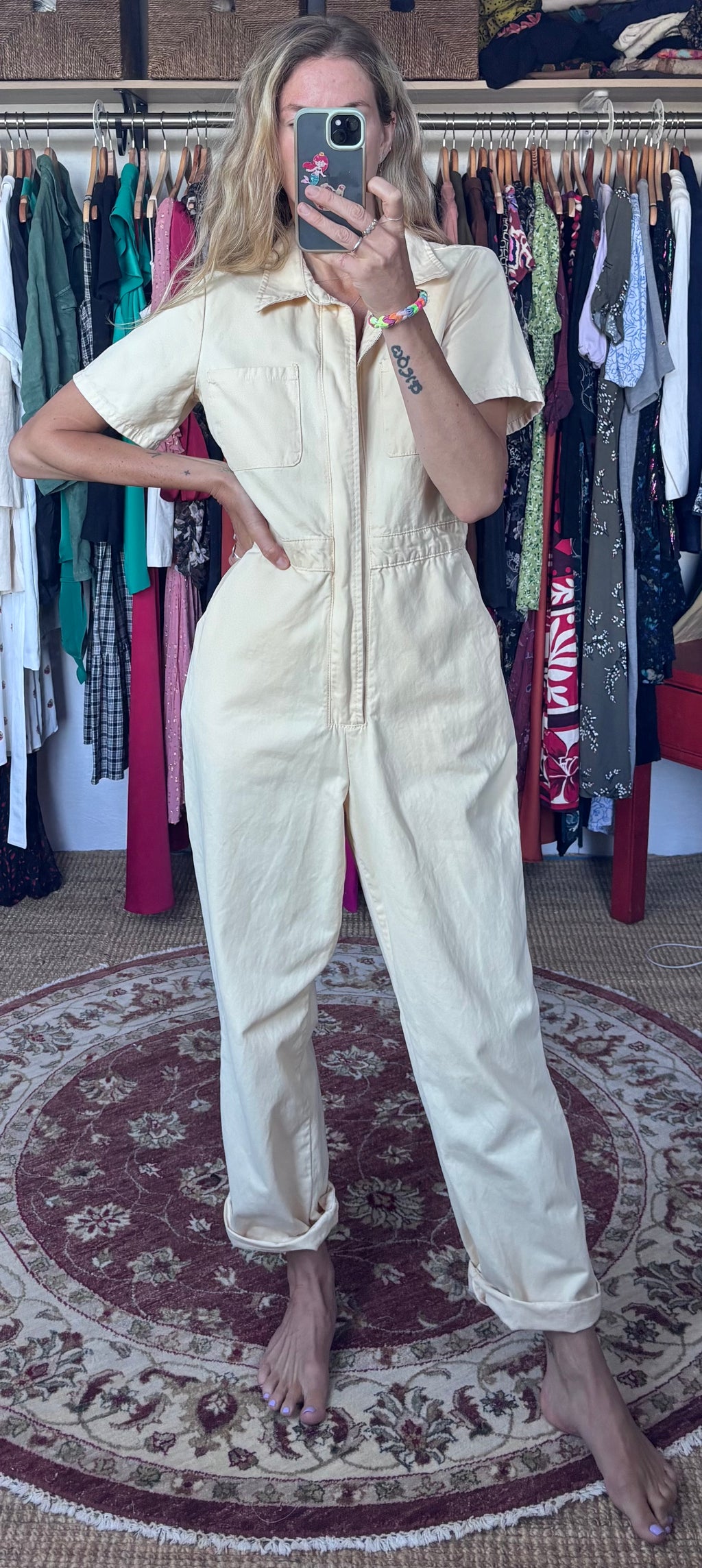 BDG 100% Cotton Cream Short Sleeve Utility Zip Up Workwear Jumpsuit