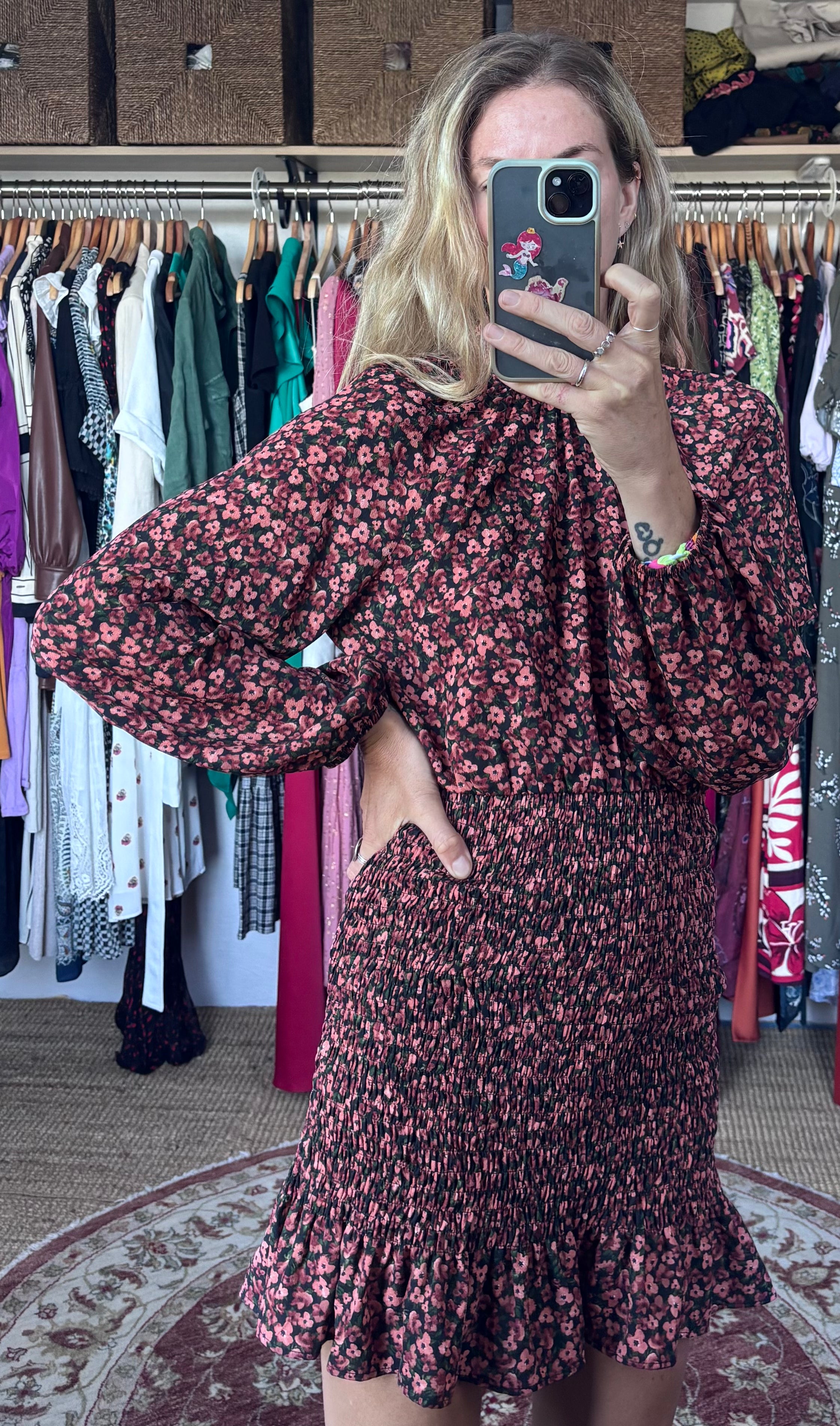 Zara Purple Pink Floral Shirred Mock Neck Long Sleeve Ruffle Mini Dress