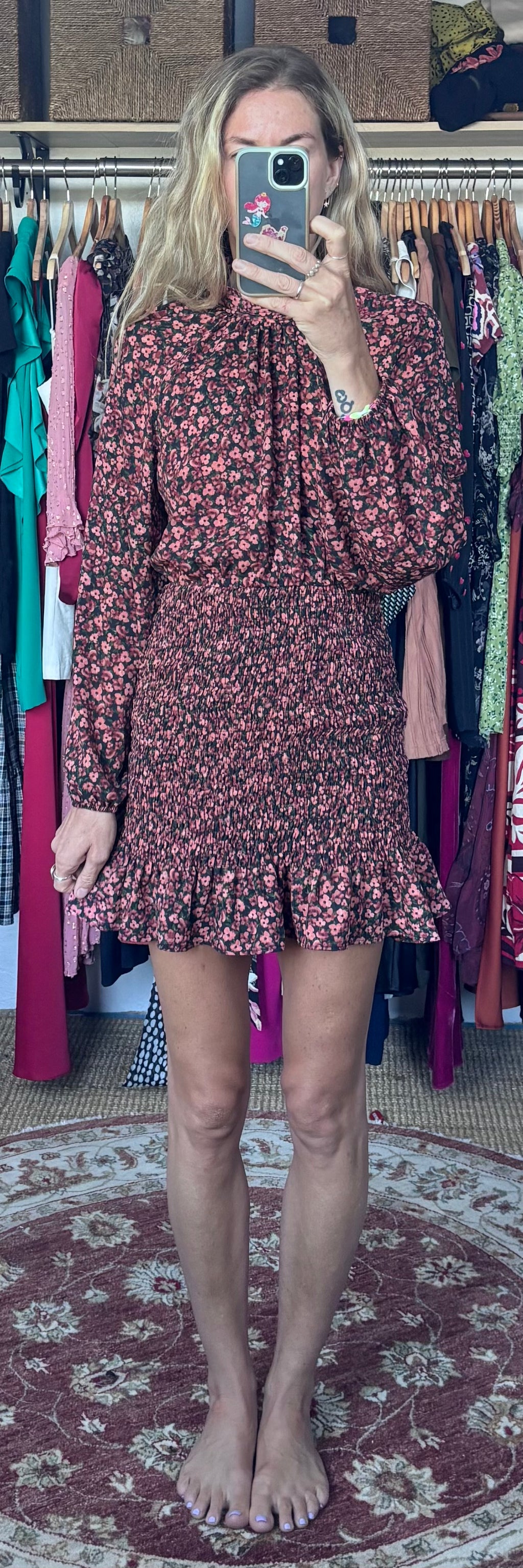 Zara Purple Pink Floral Shirred Mock Neck Long Sleeve Ruffle Mini Dress