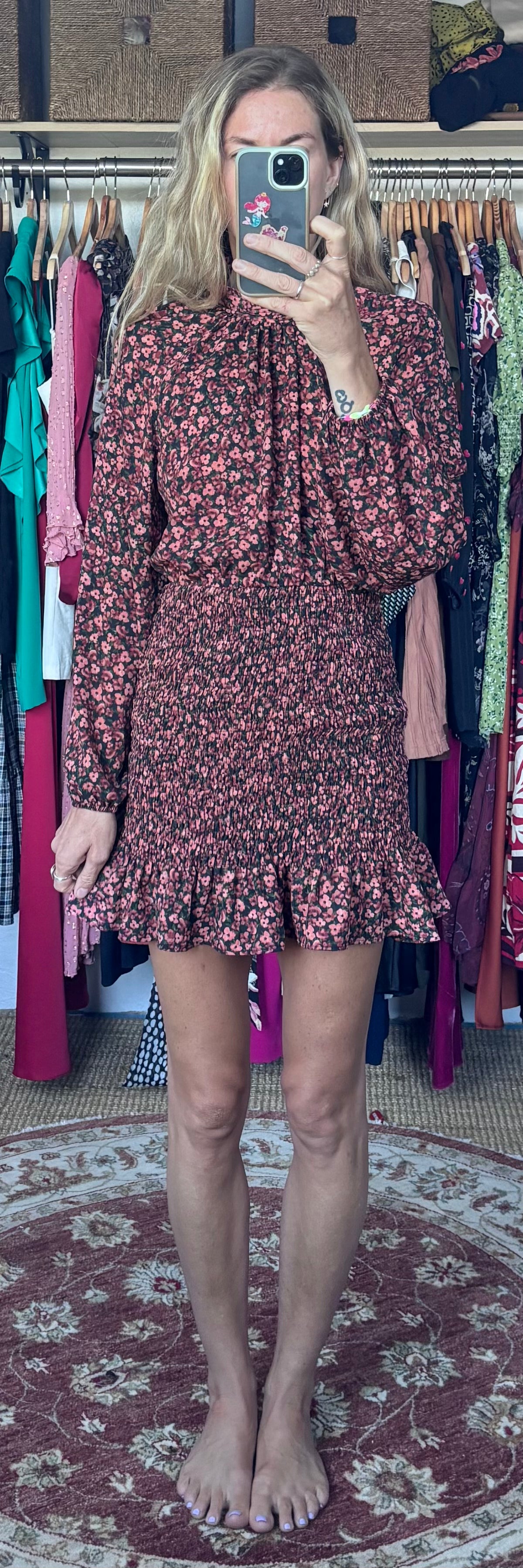 Zara Purple Pink Floral Shirred Mock Neck Long Sleeve Ruffle Mini Dress