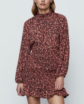 Zara Purple Pink Floral Shirred Mock Neck Long Sleeve Ruffle Mini Dress