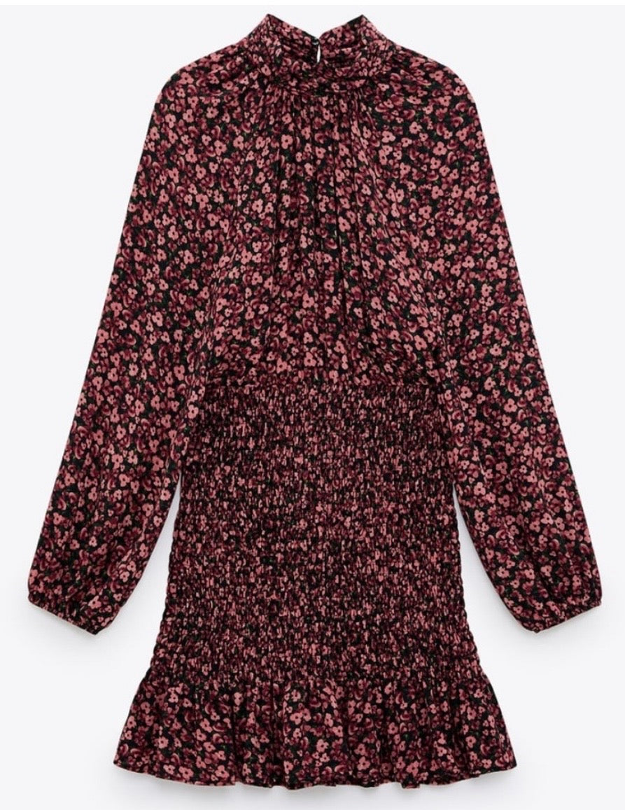 Zara Purple Pink Floral Shirred Mock Neck Long Sleeve Ruffle Mini Dress