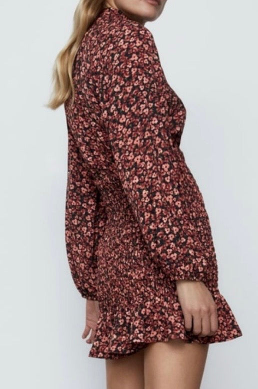 Zara Purple Pink Floral Shirred Mock Neck Long Sleeve Ruffle Mini Dress