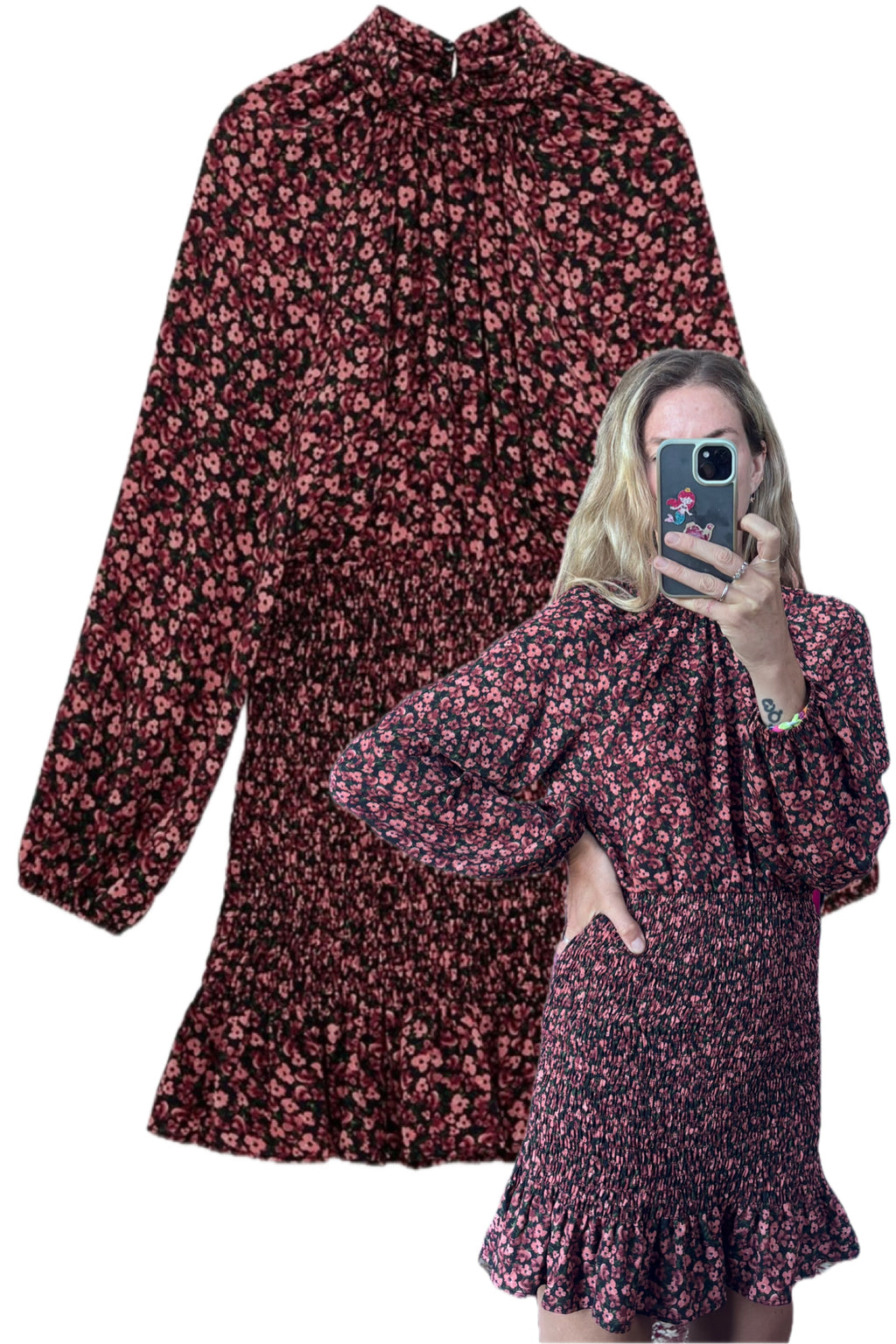 Zara Purple Pink Floral Shirred Mock Neck Long Sleeve Ruffle Mini Dress