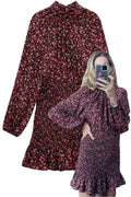 Zara Purple Pink Floral Shirred Mock Neck Long Sleeve Ruffle Mini Dress